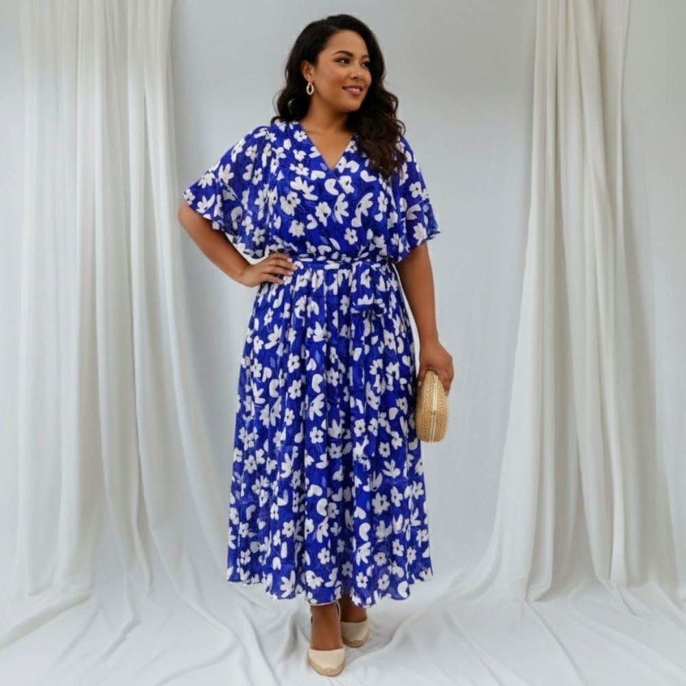 DKNY Blue Floral Faux Wrap Dress 22W NWT Ruffled Flutter Sleeves